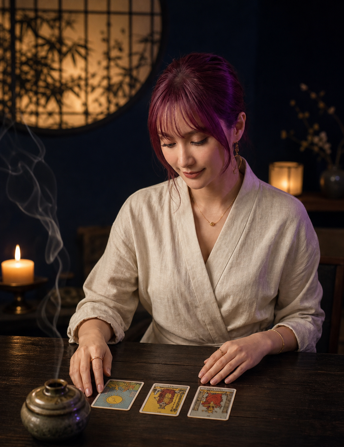 Akari offering a tarot reading in her candlelit studio